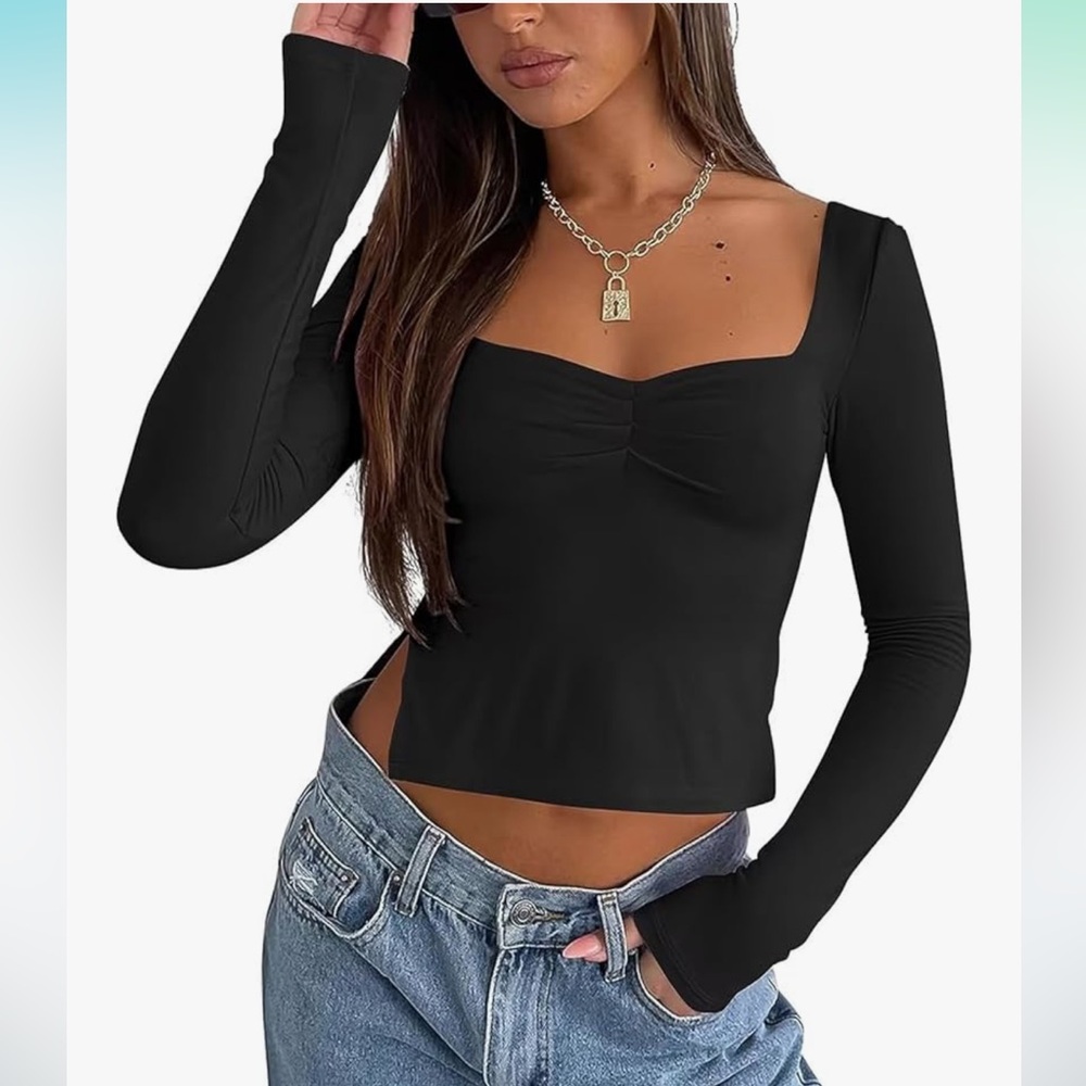 Forefair Pleated Bustier Style Long Sleeve Stretch Crop Top Slits Black Medium